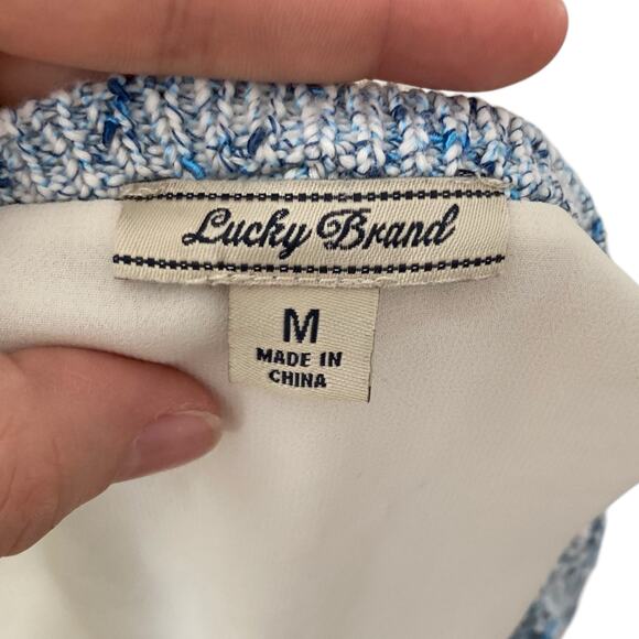 Lucky Brand Blue White Open Knit Scoop Neck Boho Knit Sweater Shirt Size Medium - Picture 7 of 16